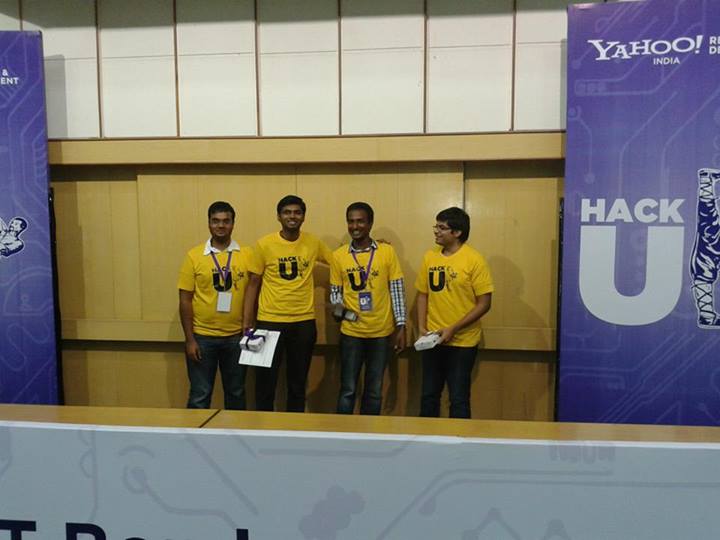 Jayaprakash Sundararaj with his team, winning Yahoo HackU hackathon at IIT Bombay Campus.